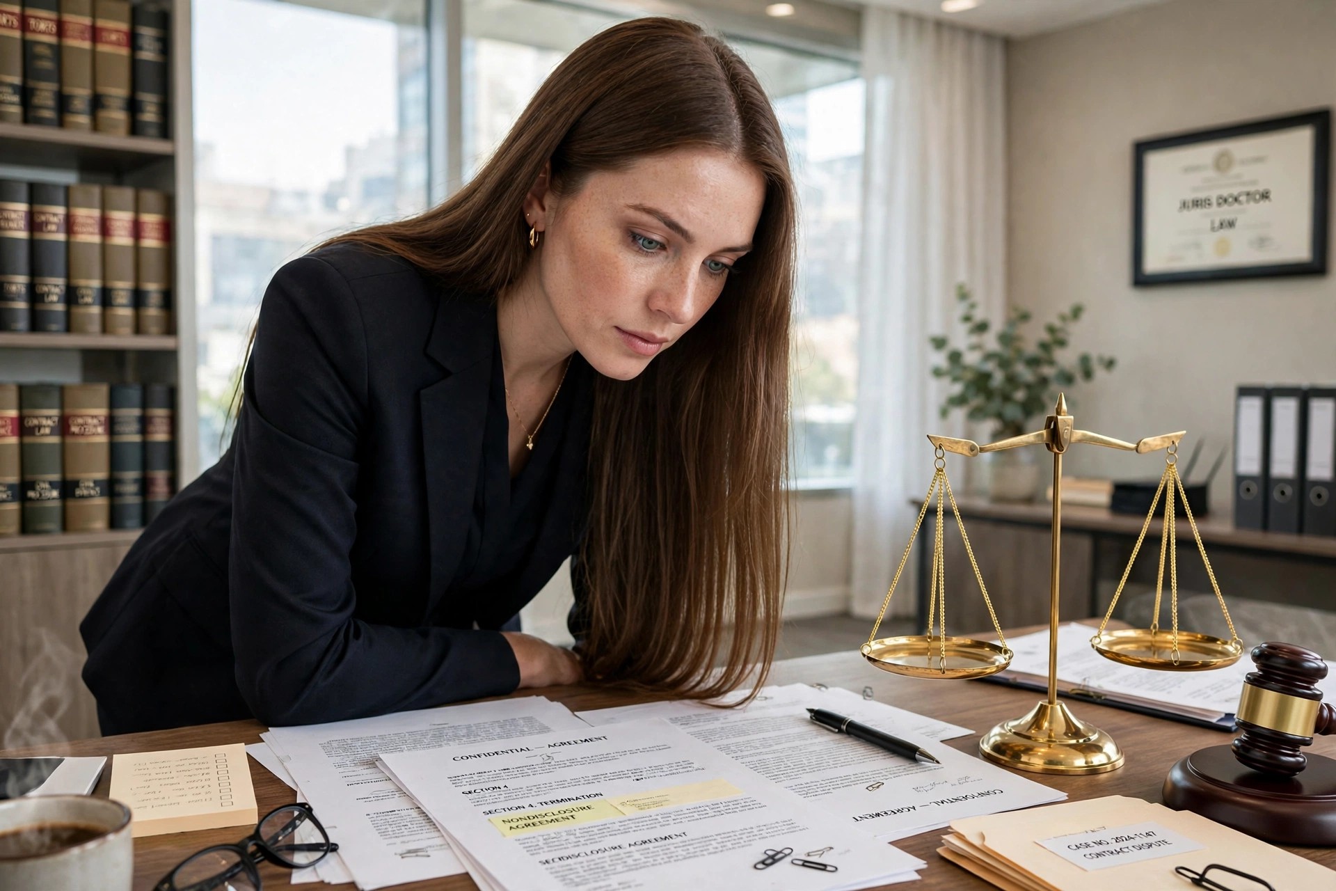 A paralegal reviewing case documents at a desk with a gavel and scales of justice