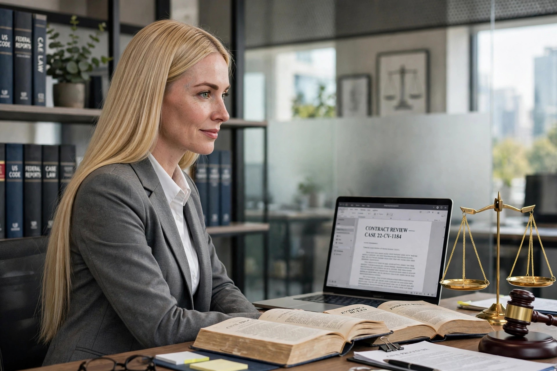 A paralegal working at a desk with a laptop and legal reference book